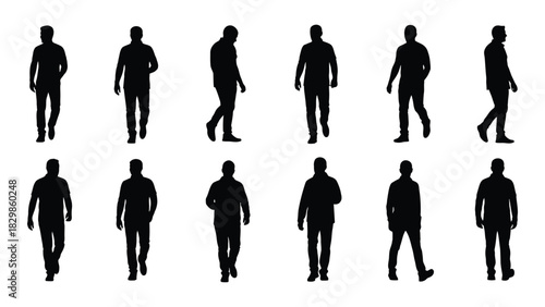 Walking men silhouettes collection isolated on white background, Vector