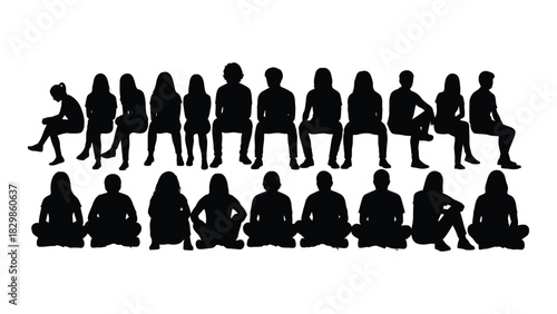 Group of people sitting silhouettes isolated on white background, Vector