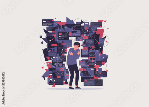 A male stands in the center, visibly distressed, hugging himself in a posture of anxiety and distress. Information Overload, Digital Anxiety, Burnout, and the Negative Impact of Constant Connectivity.