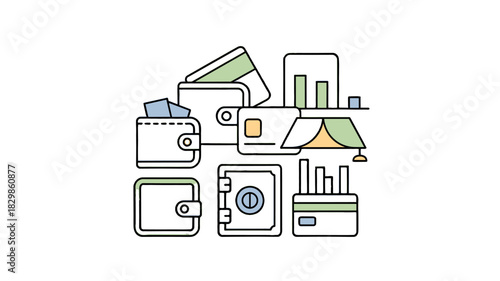 Collection of wallet, card, and financial elements in minimalist style.