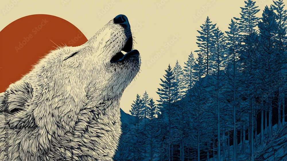 Naklejka premium Mountain wolf vector design howling crescent moon with pine forest backdrop detailed line art no humans