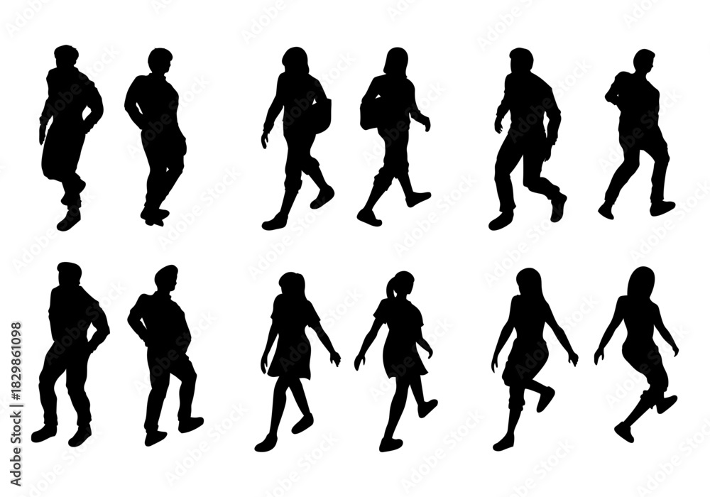 Fototapeta premium isometric people walking silhouette set for architectural, front and back view, black shadow.