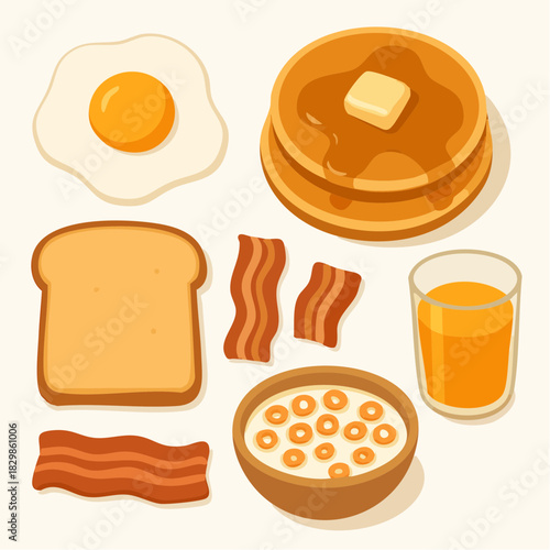 American breakfast food set with pancakes, fried eggs, bacon, toast, and orange juice for morning meal menu.