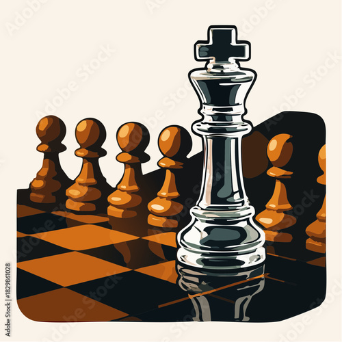 Chess board game illustration featuring king and pawns symbolizing strategy, leadership, and competition.