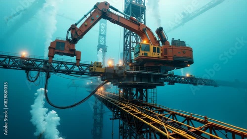 Industrial excavator with long arm operates on offshore oil platform above the water, heavy machinery and marine engineering project concept
