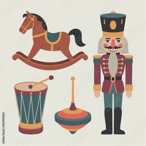Traditional Christmas toy set featuring rocking horse, nutcracker, drum, and spinning top for holiday nostalgia.