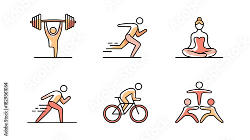 Sports and fitness icons showing activities such as weightlifting, running, cycling, and yoga. 