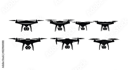 Collection of black drone silhouettes displaying various aerial vehicle designs