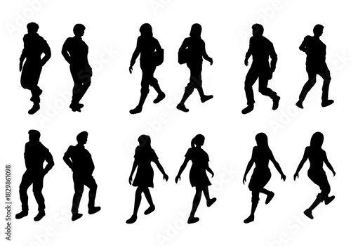 isometric people walking silhouette set for architectural, front and back view, black shadow.