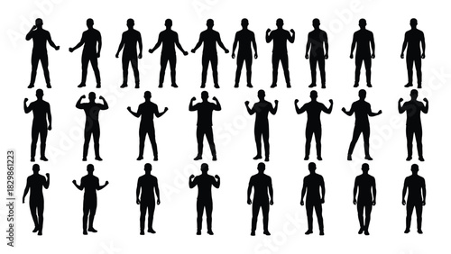 Collection of male silhouettes in various poses isolated on white background, Vector