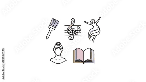 Various artistic and cultural symbols set against a minimalist backdrop.
