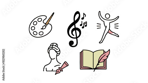 Artistic elements in various forms, including drawing, music, dance, literature.