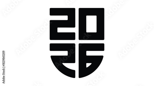 Bold black graphic logo design featuring the year 2026 stylized within a shield shape