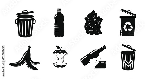 Black and white icons depicting various forms of waste and recycling