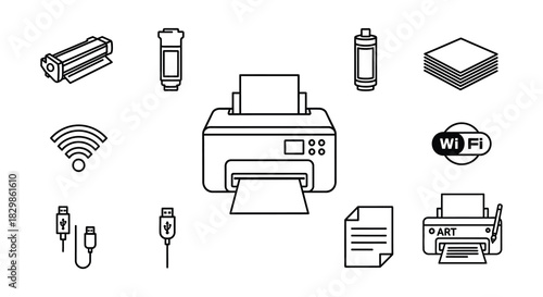 Office equipment icons depicting printers cartridges and wireless connectivity