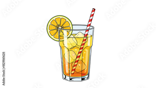 Lemonade illustration in vibrant orange color with lemon slice and straw, highlighting refreshment