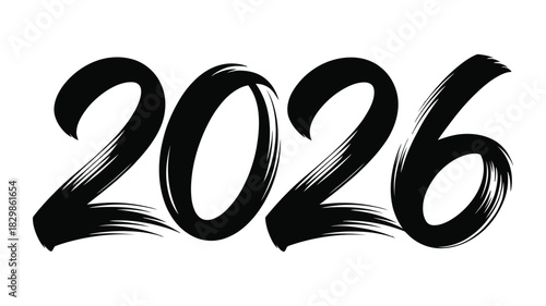 Bold black calligraphy brush stroke text displaying the year 2026, for easy graphic design use