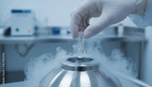 Scientist hand in glove holding a cryovial with an embryo during in vitro fertilization - ivf - process, lowering it into liquid nitrogen for cryopreservation in a laboratory