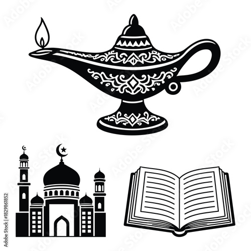 Aladdin lamp mosque and book icons for islamic culture and spiritual vector illustration