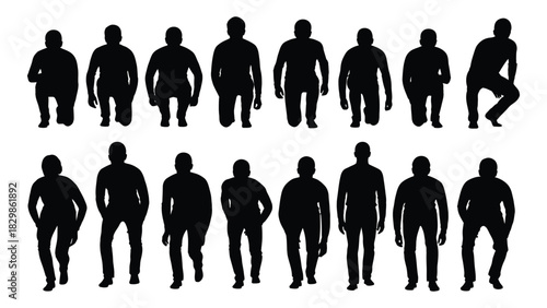 Collection of male silhouettes in various poses isolated on white background, Vector