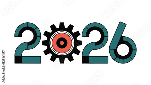 Creative graphic design featuring the year 2026 with the number zero replaced by a black gear mechanism with a red center