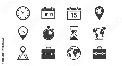 Black silhouette icons depicting communication location and business elements