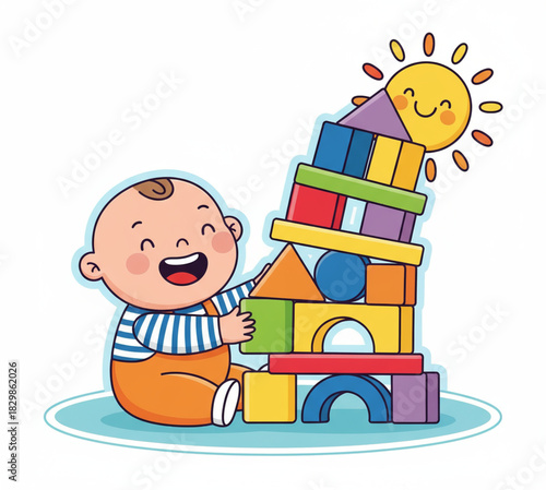 Adorable baby happily playing with colorful building blocks, stacking them high towards a smiling sun, fostering early childhood development and creative learning