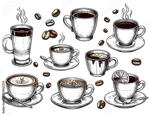 Detailed coffee cup vector illustration with various types of coffee on white background