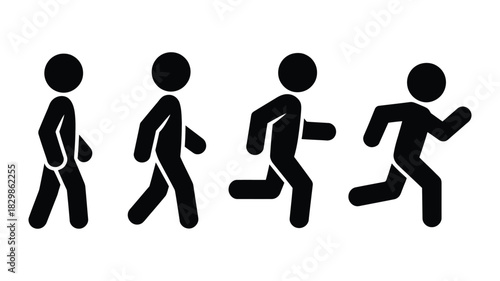Sequence of four black stick figure icons illustrating the progression from walking to running motion