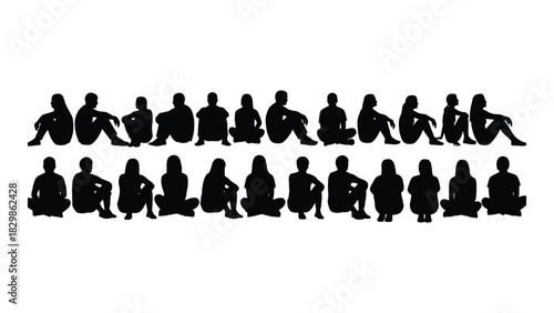 Diverse group of sitting people silhouettes isolated on white background, Vector