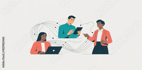 The style is simple, friendly, and geometric, using a limited color palette against a clean, light gray background. Corporate graphic, remote work vector, data visualization, clean illustration