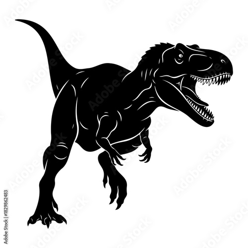 A black and white vector illustration of a roaring tyrannosaurus rex