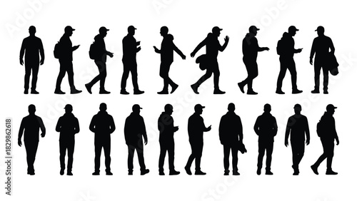 Collection of male silhouettes in diverse poses isolated on white background, Vector