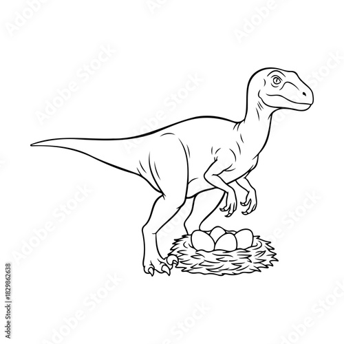 Outlined velociraptor standing near a nest filled with dinosaur eggs art