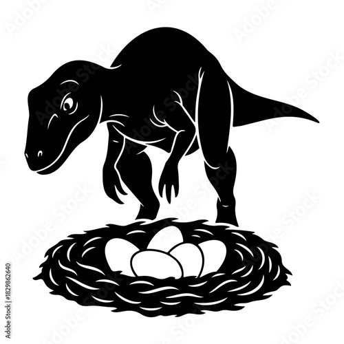 Black silhouette of a dinosaur looking at a nest full of white eggs