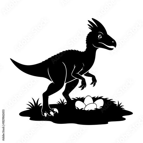 Silhouette of dinosaur standing near nest with eggs on white background