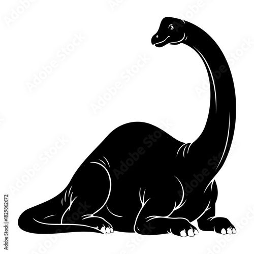 Illustration of a black dinosaur with long neck sitting on the ground