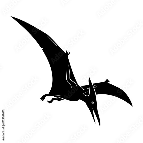 A black silhouette of a pterodactyl flying against a white background