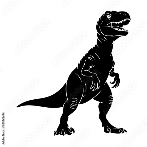 Illustration of a black dinosaur with sharp teeth on a white background