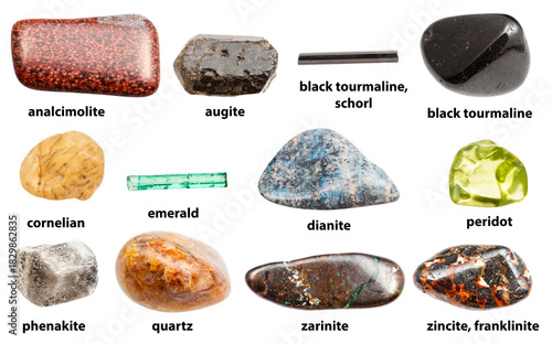 set of sample of polished rocks with name isolated