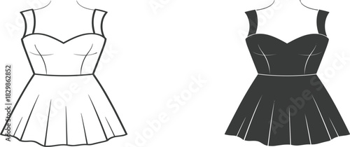 Fashion Cocktail Dress Vector Icon: Women's Strappy Short Garment, Clothing Outline and Solid Silhouette, Editable Stroke