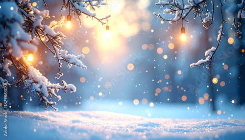 A serene winter scene showcases snow-laden branches adorned with gently glowing, warm fairy lights