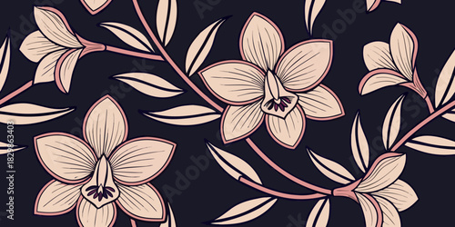 Luxury Orchid Flower Pattern on Dark Background – Elegant Botanical Textile Vector Illustration for Fashion, Fabric, Wallpaper, Packaging, and High-End Decorative Design