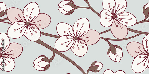 Cherry Blossom Seamless Pattern Vector with Soft Romantic Mood, Elegant Floral Surface Design for Textiles, Wallpapers, Stationery, and Decorative Print Applications