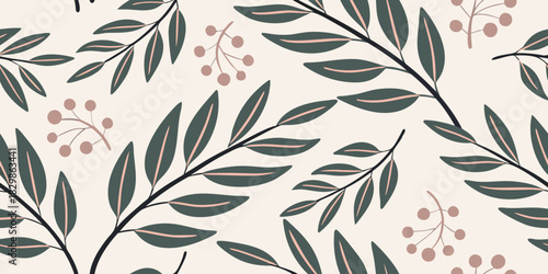 Botanical Seamless Pattern with Branches and Leaves in Muted Editorial Tones – Elegant Nature-Inspired Vector Design for Wallpaper, Textile, Packaging, and Contemporary Print Layouts