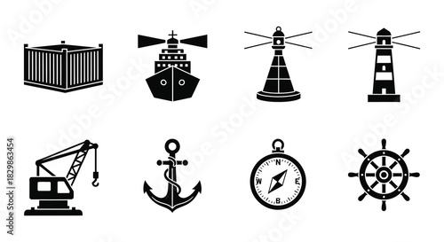 Black and white icons depicting maritime navigation and shipping elements
