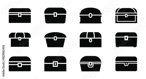 Collection of various black treasure chests in different styles and perspectives