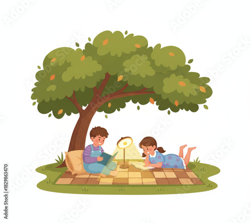 Children reading books under a tree in nature, enjoying outdoor leisure time with books
