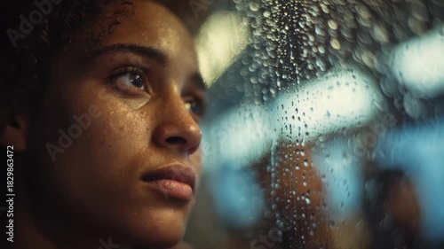 Close-up of young woman with dark skin staring thoughtfully out rainy window dotted with water drops, reflection and melancholy atmosphere