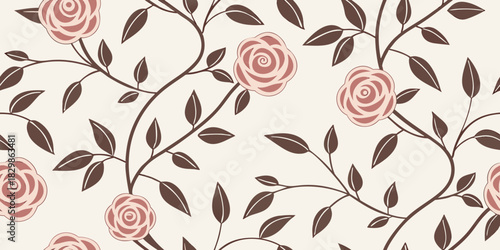 Elegant Seamless Floral Vector Pattern with Small Roses in Pastel Pink and Beige – Soft Romantic Repeating Design for Textile, Wallpaper, Fabric, Packaging, and Decorative Surfaces